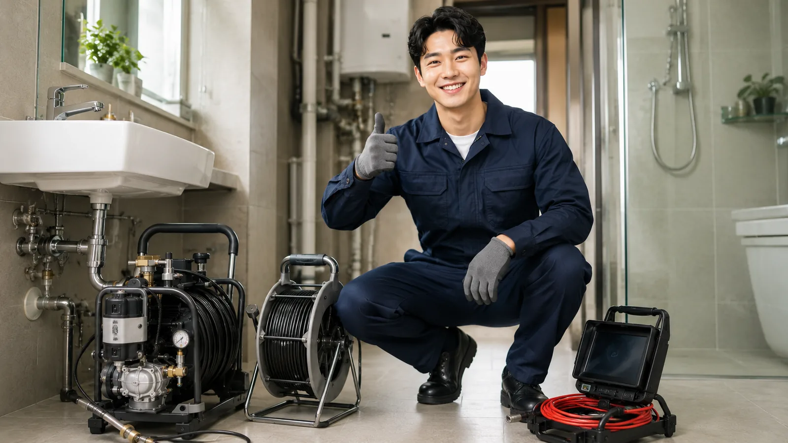 서울 서북·도심권 변기막힘 작업복 기술자와 변기내시경·전동스프링 전문 장비